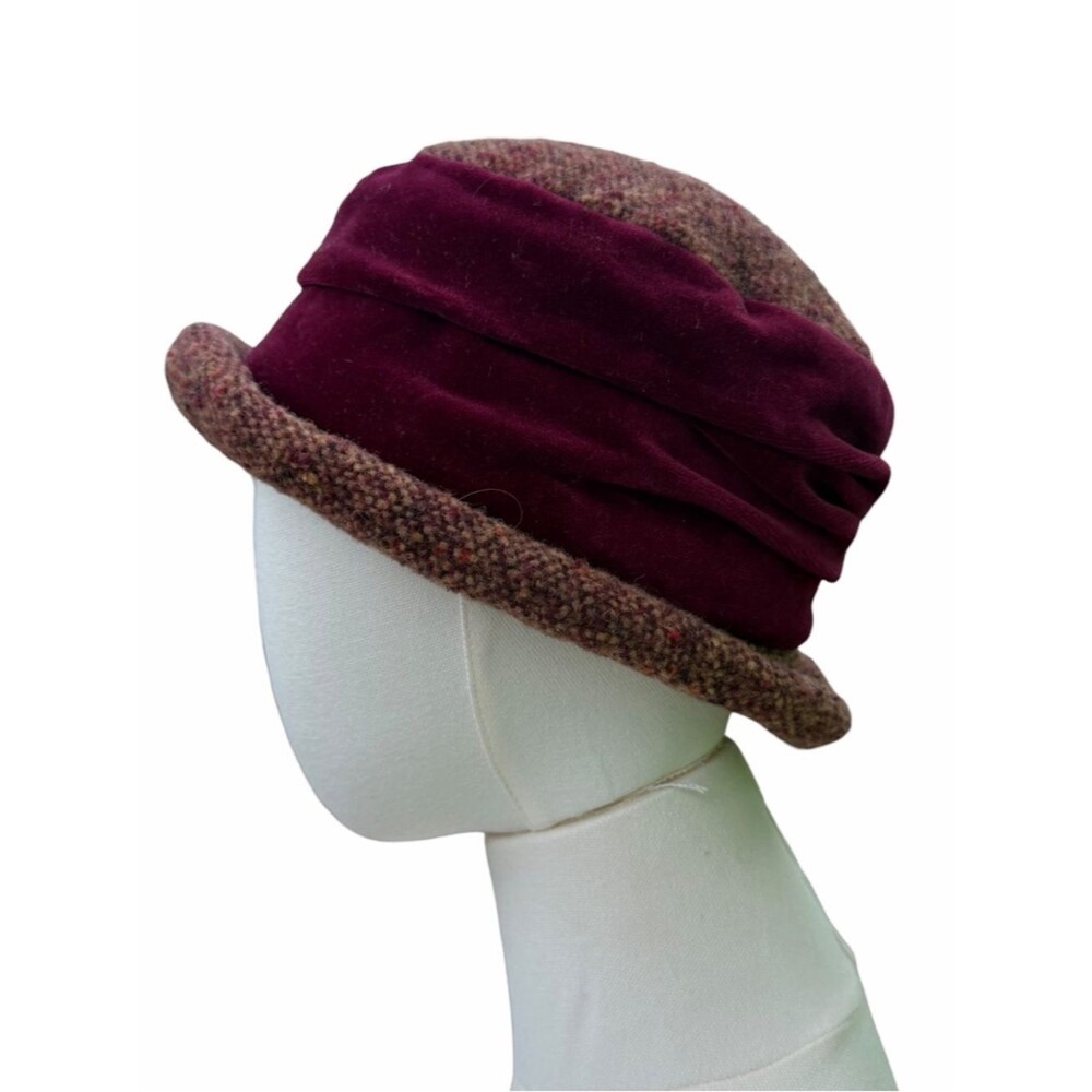 Vintage Italian Wool Velvet Cloche Hat Burgundy Tweed Brim Made in Italy